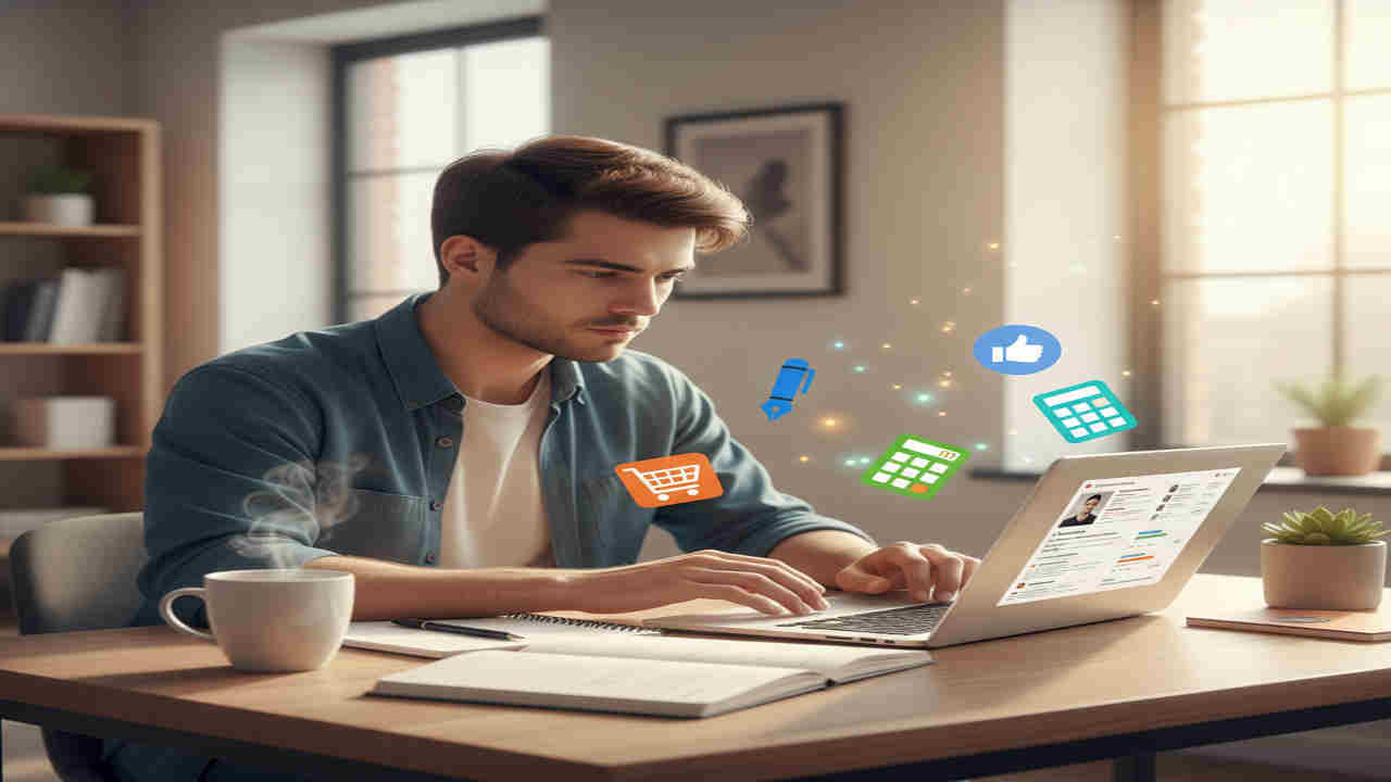 Online shopping and digital payments concept with a young man using a laptop at home.