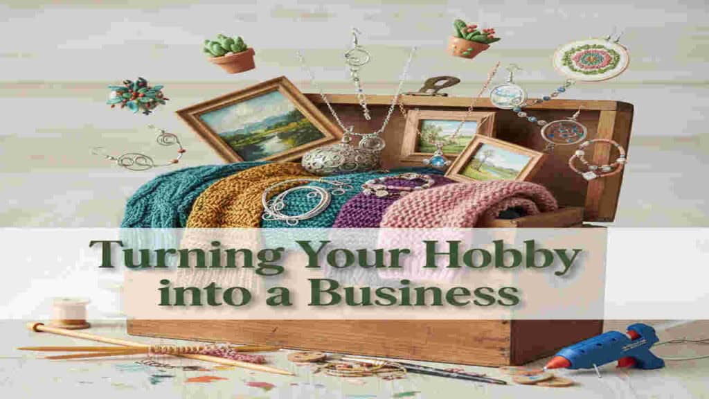Colorful jewelry and crafts in a wooden box with artwork and hobby supplies, inspiring turning hobbies into small business ventures.