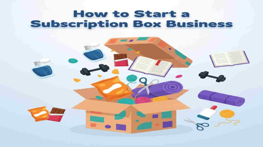 Colorful subscription box filled with fitness and wellness products, open and ready for packing.